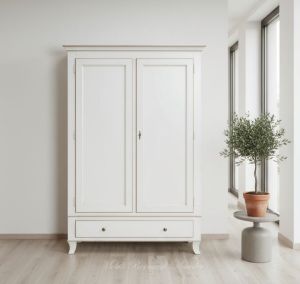 Armadietto da camera o ingresso stile classico finitura laccata bianco anticato con 2 ante e 1 cassetto