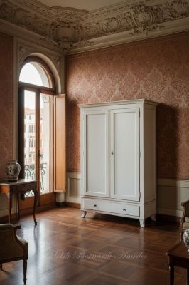 Armadietto da camera o ingresso stile classico finitura laccata bianco anticato con 2 ante e 1 cassetto