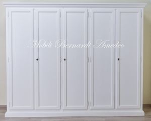 Armadio classico in legno massello da 3 metri 5 ante con cassettiera finitura colore bianco anticato