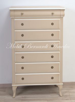 Cassettiera in legno massello stile classico con finitura laccata colore bianco e tortora