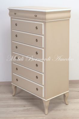 Cassettiera in legno massello stile classico con finitura laccata colore bianco e tortora