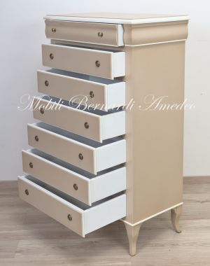 Cassettiera in legno massello stile classico con finitura laccata colore bianco e tortora