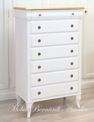 Cassettiera settimanale per camera da letto in legno massello con finitura laccata bianco e foglia oro