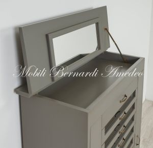 Cassettiera da camera in legno massello laccato grigio con specchio e cassettini con vetro