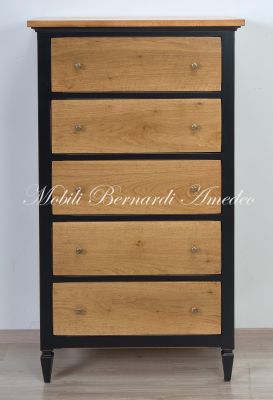 Cassettiera con 5 cassetti grandi in legno massello finitura nero anticato e noce chiaro
