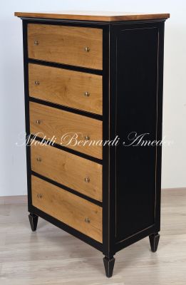Cassettiera con 5 cassetti grandi in legno massello finitura nero anticato e noce chiaro