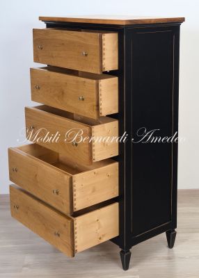 Cassettiera con 5 cassetti grandi in legno massello finitura nero anticato e noce chiaro