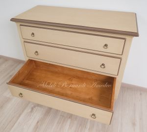 Classic style chest of drawers made of solid wood with beige and brown antique lacquered finish
