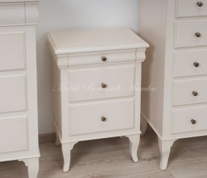 Solid wood bedside table with cream white finish in classic Louis Philippe style