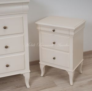 Solid wood bedside table with cream white finish in classic Louis Philippe style