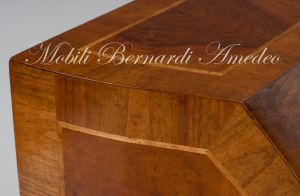 Reproduction of a baroque style chest of drawers with flap shaped in national walnut