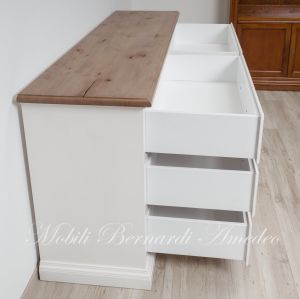 Cassettone doppio in legno massello con 6 cassetti colore bianco e legno chiaro