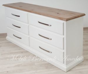 Cassettone doppio in legno massello con 6 cassetti colore bianco e legno chiaro