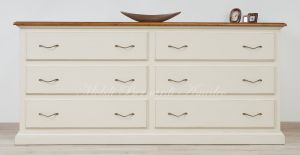 Cassettone lungo in legno massello con finitura bicolore laccata bianco avorio e noce
