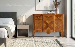 Reproduction of a classic style chest of drawers in inlaid walnut wood placed in a domestic environment
