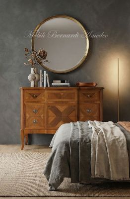 Reproduction of a classic style chest of drawers in inlaid walnut wood placed in a domestic environment