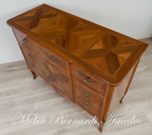 Chest of drawers handcrafted in solid wood richly inlaid with walnut and other essences