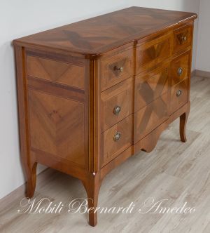 Chest of drawers handcrafted in solid wood richly inlaid with walnut and other essences