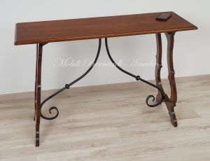 Classic style console made of solid walnut wood with lyre legs and wrought iron