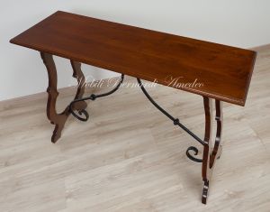 Classic style console made of solid walnut wood with lyre legs and wrought iron