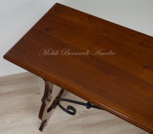 Classic style console made of solid walnut wood with lyre legs and wrought iron