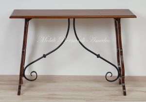 Classic style console made of solid walnut wood with lyre legs and wrought iron
