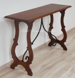 Classic style console made of solid walnut wood with lyre legs and wrought iron