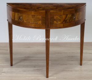 Classic wooden console in the shape of a semicircle worked in walnut briar
