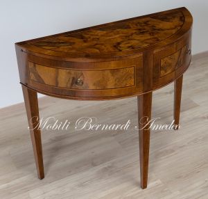 Classic wooden console in the shape of a semicircle worked in walnut briar