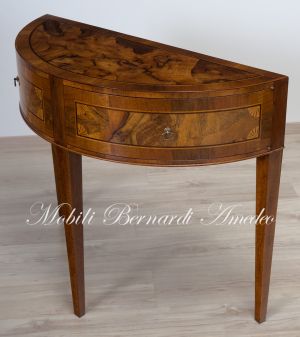 Classic wooden console in the shape of a semicircle worked in walnut briar