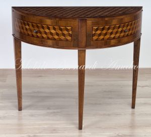 Crescent-shaped console in walnut wood with geometric inlays