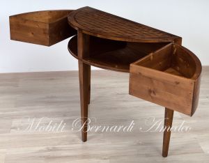 Crescent-shaped console in walnut wood with geometric inlays