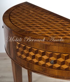 Crescent-shaped console in walnut wood with geometric inlays