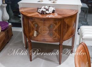 Consol semicerchio classica in legno di noce con intarsi e 2 cassetti