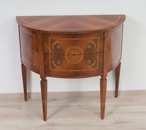 Consol semicerchio classica in legno di noce con intarsi e 2 cassetti