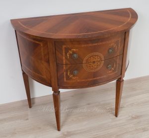 Consol semicerchio classica in legno di noce con intarsi e 2 cassetti