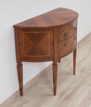 Consol semicerchio classica in legno di noce con intarsi e 2 cassetti