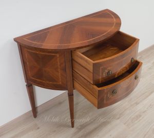 Consol semicerchio classica in legno di noce con intarsi e 2 cassetti