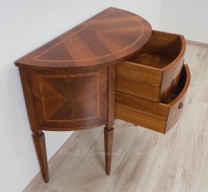 Consol semicerchio classica in legno di noce con intarsi e 2 cassetti