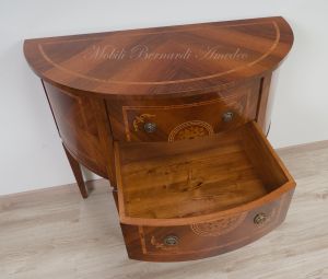 Consol semicerchio classica in legno di noce con intarsi e 2 cassetti