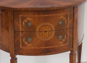 Consol semicerchio classica in legno di noce con intarsi e 2 cassetti
