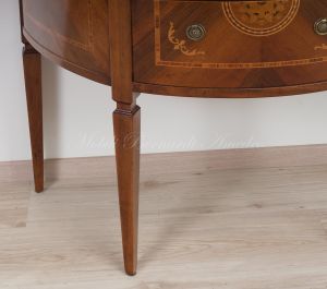 Consol semicerchio classica in legno di noce con intarsi e 2 cassetti