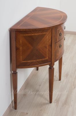 Consol semicerchio classica in legno di noce con intarsi e 2 cassetti