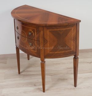 Consol semicerchio classica in legno di noce con intarsi e 2 cassetti