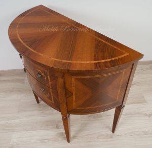 Consol semicerchio classica in legno di noce con intarsi e 2 cassetti