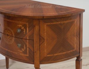 Consol semicerchio classica in legno di noce con intarsi e 2 cassetti