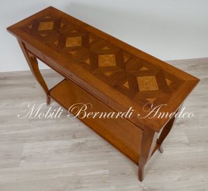 Consolle in legno massello stile classico con piano intarsiato produzione artigianale italiana