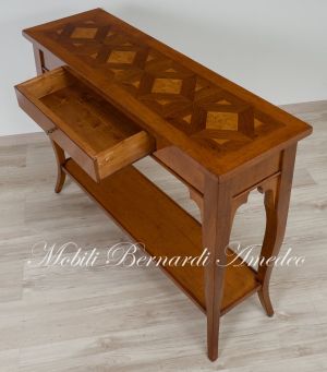 Consolle in legno massello stile classico con piano intarsiato produzione artigianale italiana