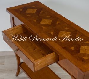 Consolle in legno massello stile classico con piano intarsiato produzione artigianale italiana