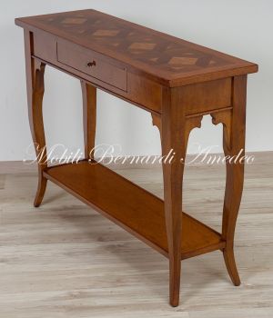 Consolle in legno massello stile classico con piano intarsiato produzione artigianale italiana